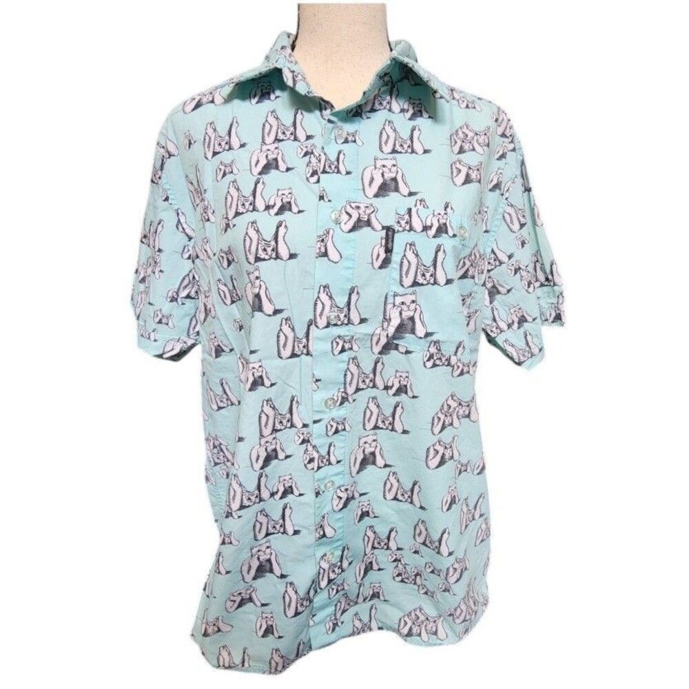 RIPNDIP Mens Casual Button Front Cat Shirt Size Medium Short Sleeve Blue